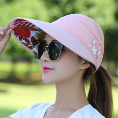 Summer Foldable Sun Hat Pearl Flower Visor