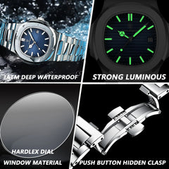 Men's Luxury Waterproof Luminous Date Stainless Steel Square Quartz Watch