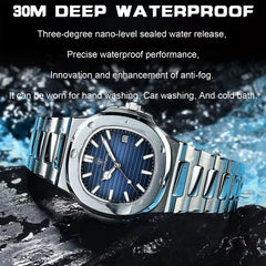 Men's Luxury Waterproof Luminous Date Stainless Steel Square Quartz Watch