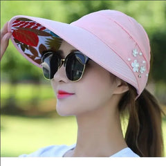 Summer Foldable Sun Hat Pearl Flower Visor