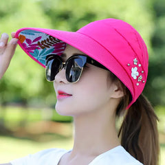 Summer Foldable Sun Hat Pearl Flower Visor